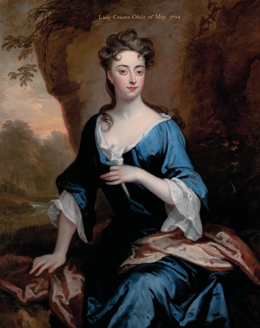 Portræt af Elizabeth Skipwith, Lady Craven, trekvartlangt, i en blå kjole og rødt sjal, et skovklædt flodlandskab hinsides, 1704 af Godfrey Kneller