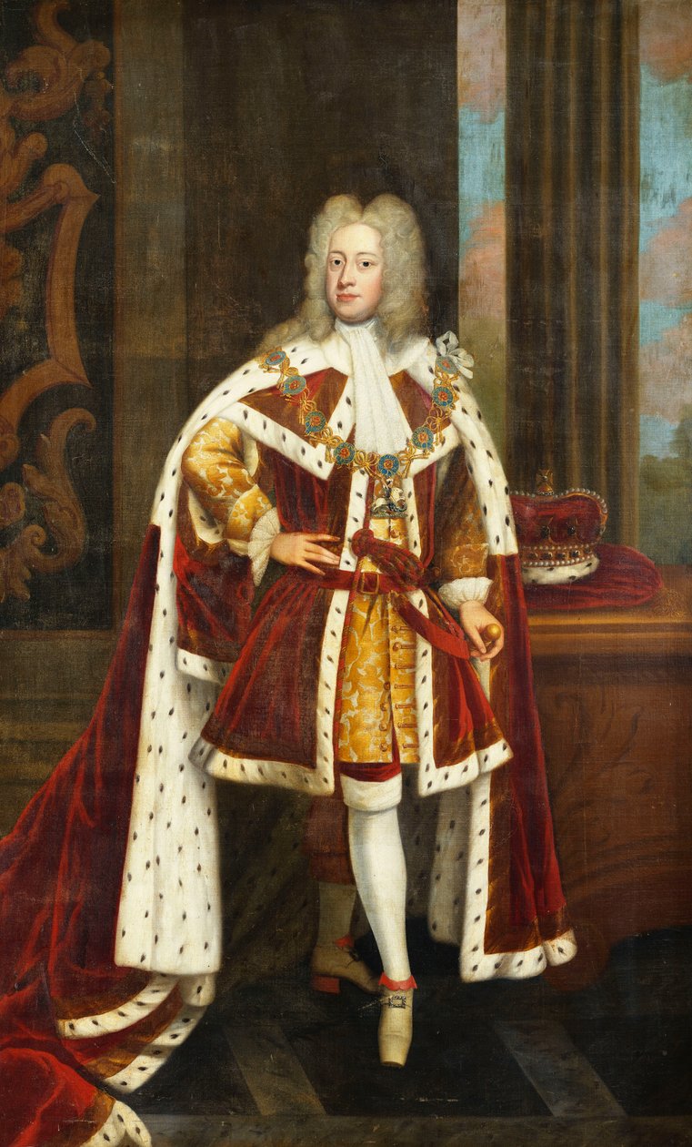 Portræt af kong George II, da prinsen af Wales, i fuld længde, iført statskåber og halsbåndet af strømpebåndsordenen, med sit sværd i venstre hånd og sin krone på et bord ved siden af ham, i et interiør, af Godfrey Kneller