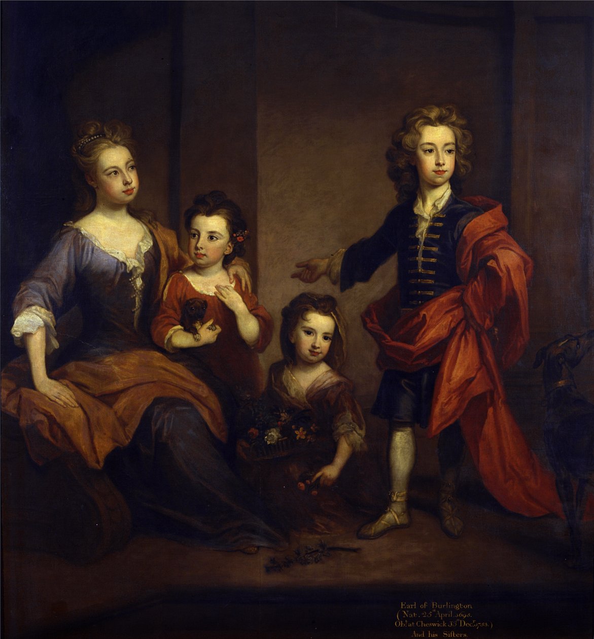 Portræt af Richard Boyle, 3. jarl af Burlington, med hans tre søstre, Elizabeth, Juliana og Jane Boyle, ca. 1700 (olie på lærred) af Godfrey Kneller