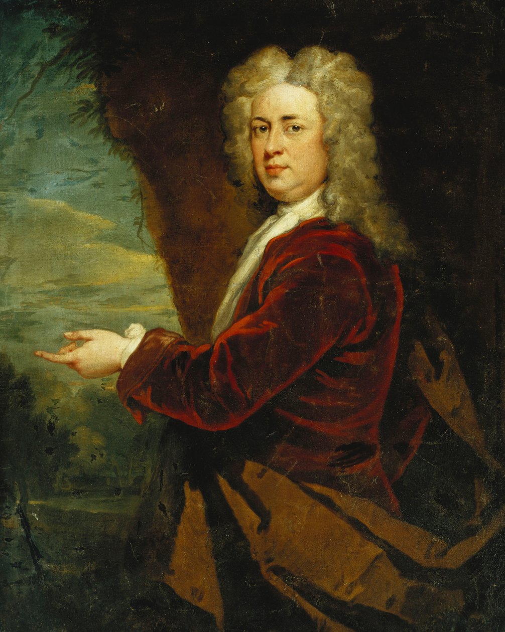 Portræt af en gentleman, stående i halv længde, iført en rød fløjlsjakke og en brun kappe i en park, af Godfrey Kneller