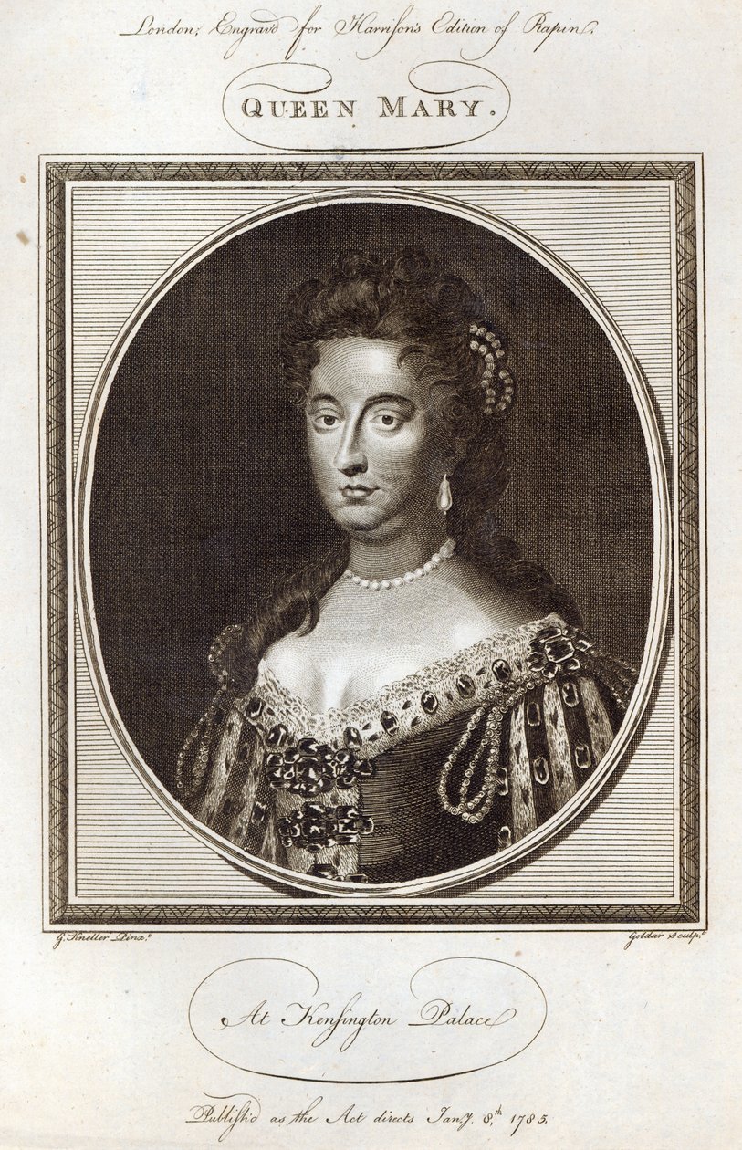 Queen Mary på Kensington Palace, indgraveret til Harrisons udgave af Rapin, udgivet 8. januar 1785 af Godfrey Kneller