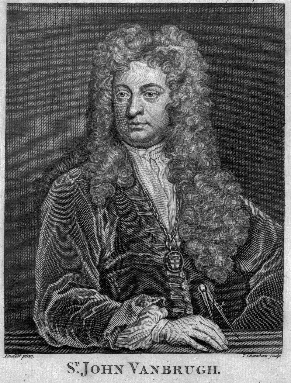 Sir John Vanbrugh, graveret af Thomas Chambars (gravering) af Godfrey Kneller