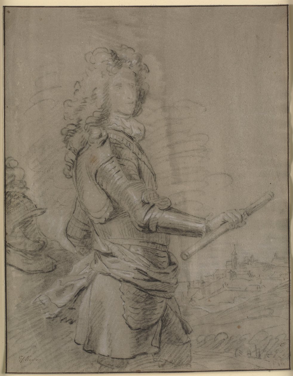 Trekvart portræt af en kommandant i rustning og med en stav i højre hånd. I baggrunden et landskab med en by af Godfrey Kneller