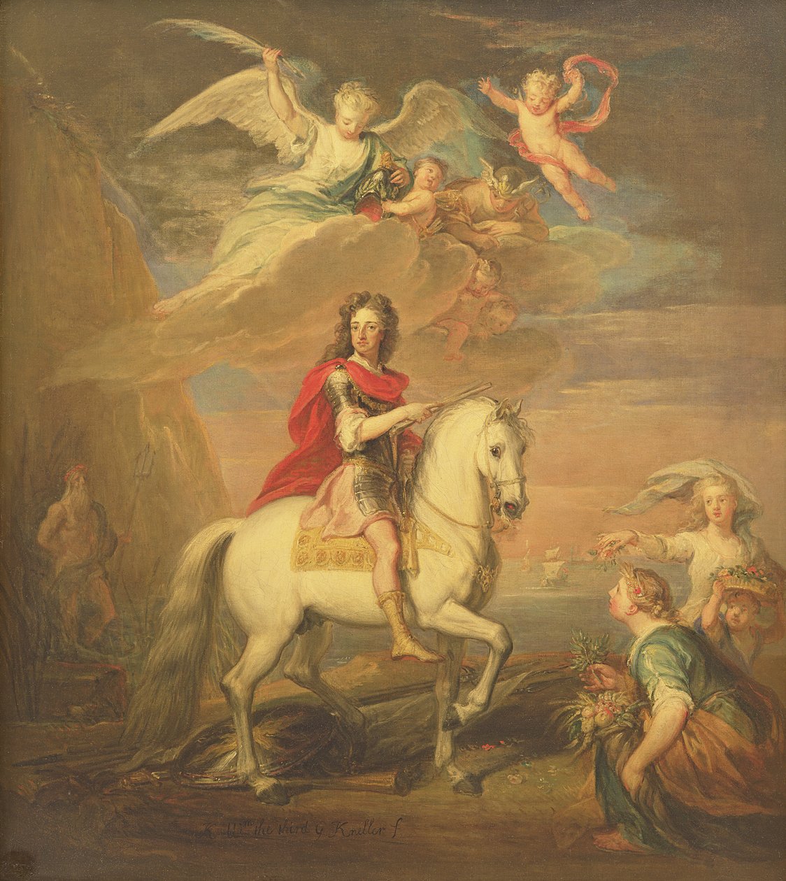 William III på en grå oplader observeret af Neptun, Ceres og Flora. Merkur på himlen og Astrea af Godfrey Kneller