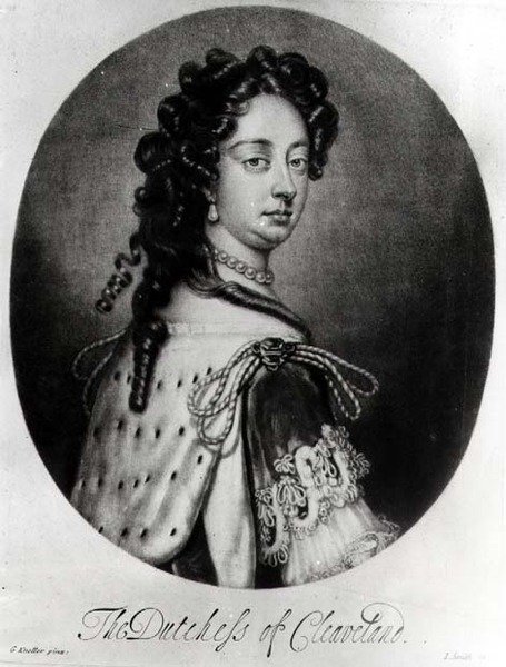 Portræt af Barbara Villiers, hertuginde af Cleveland (1641-1709) graveret af J. Smith af Godfrey after Kneller