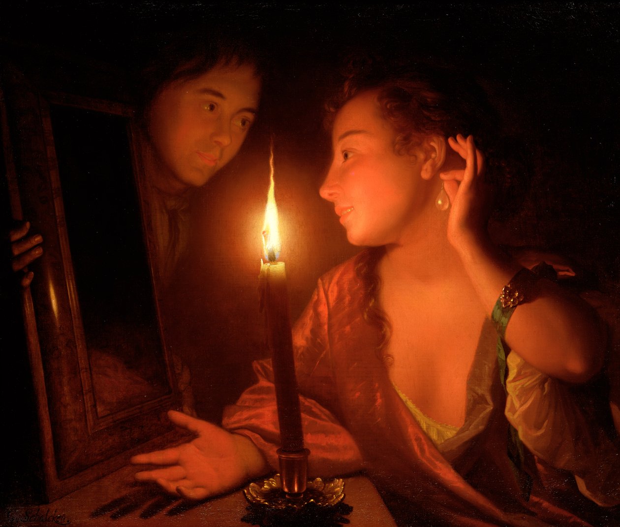En dame, der beundrer en ørering ved levende lys af Godfried Schalcken