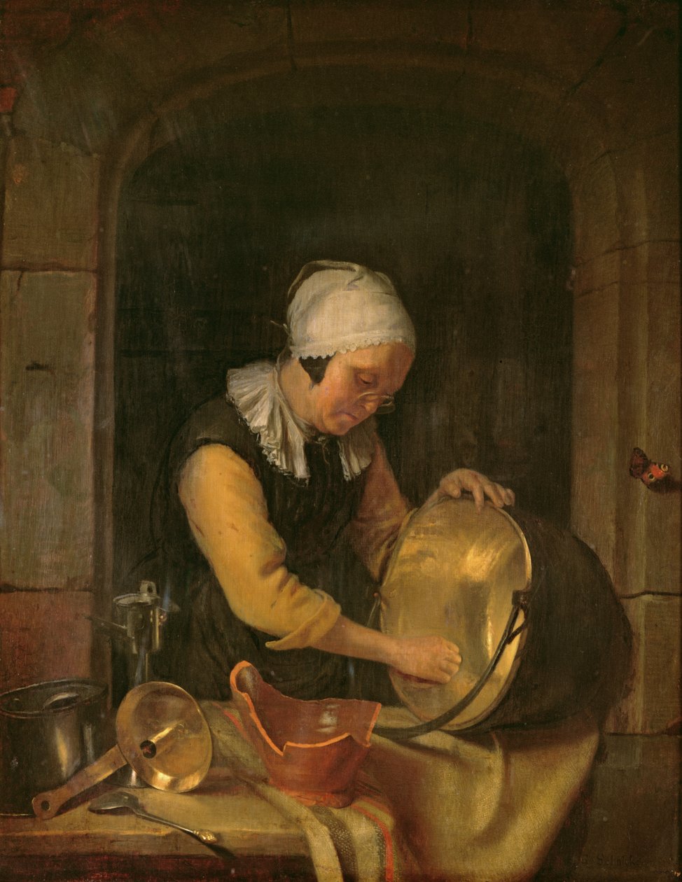 En gammel kvinde skurer en gryde, ca. 1660 (olie på eg) af Godfried Schalcken