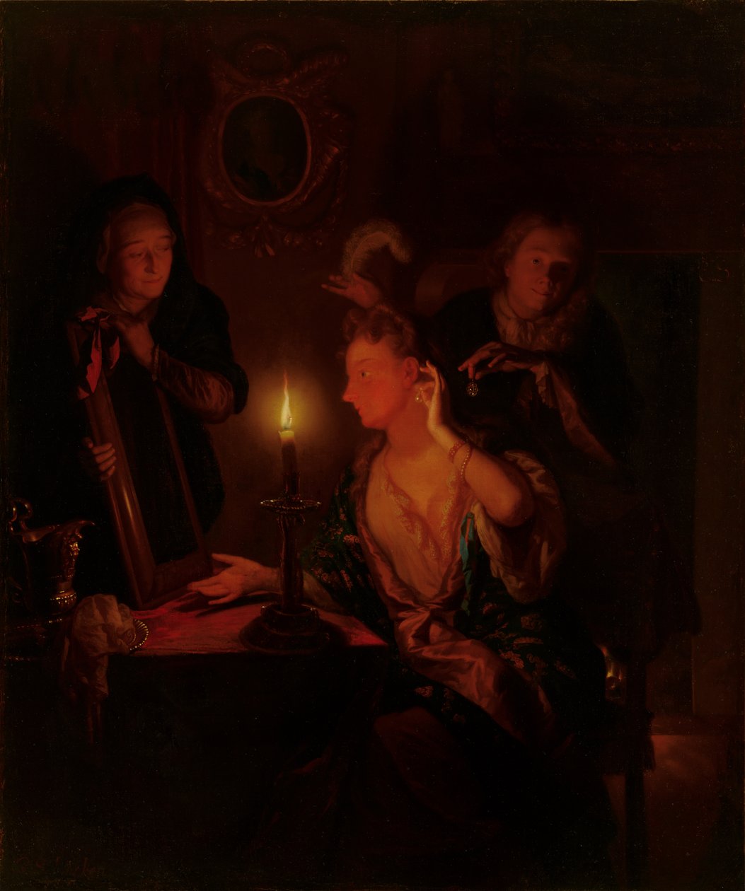 Lady at a Mirror ved Candlelight af Godfried Schalcken