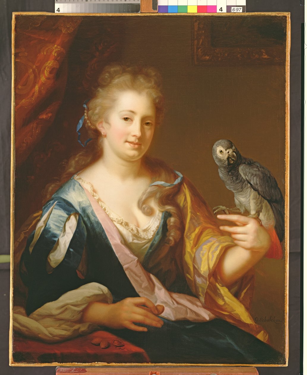 Portræt af en dame, der fodrer en papegøje af Godfried Schalcken
