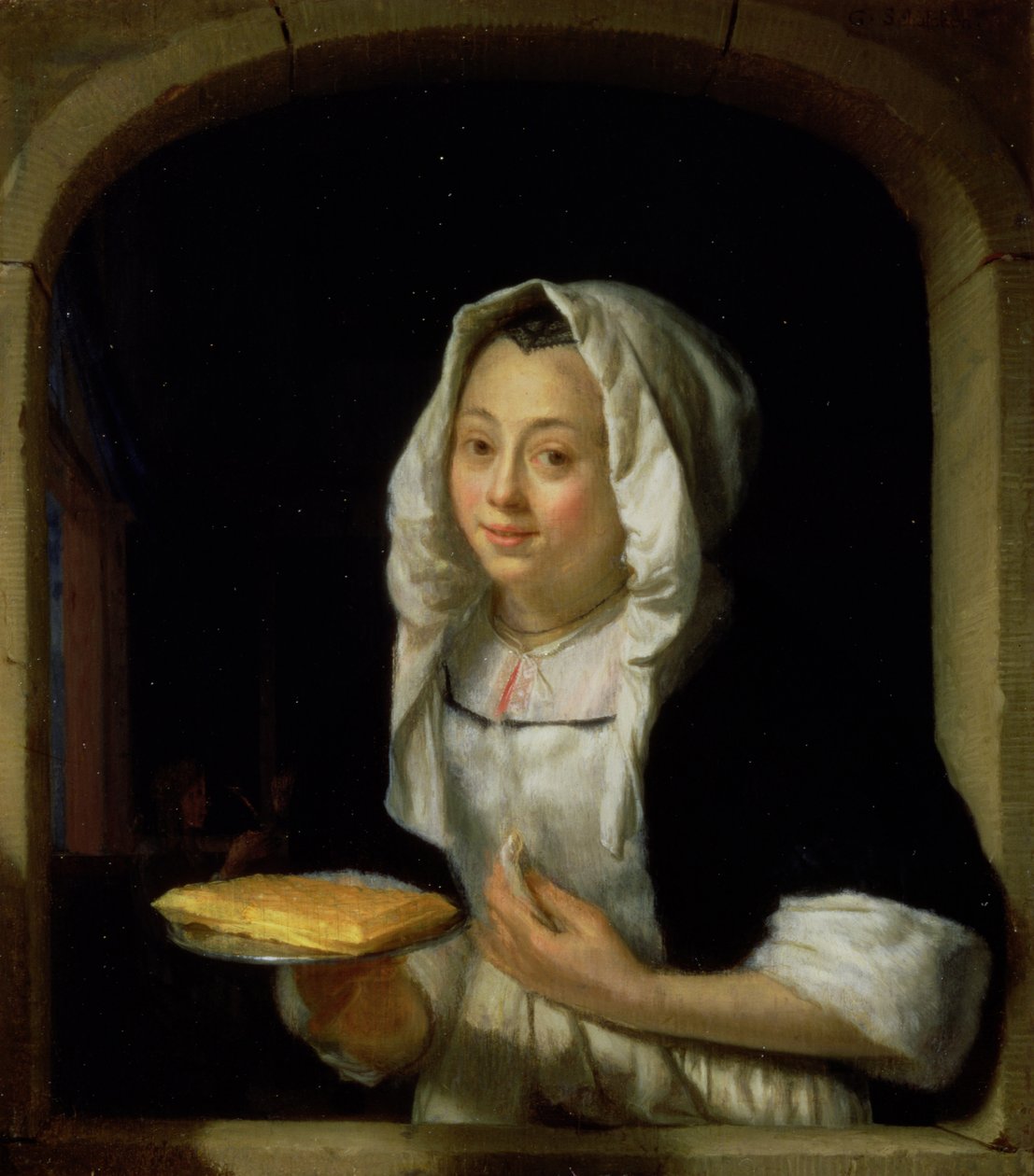 Portræt af en stuepige, der holder en vaffel (panel) af Godfried Schalcken