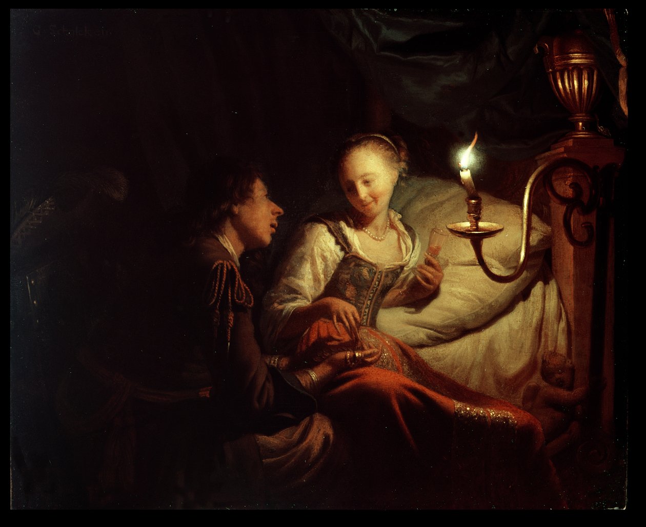 A Candlelight Scene: En mand, der tilbyder en guldkæde og mønter til en pige, der sidder på en seng, ca. 1665-70 (olie på kobber) af Godfried Schalcken