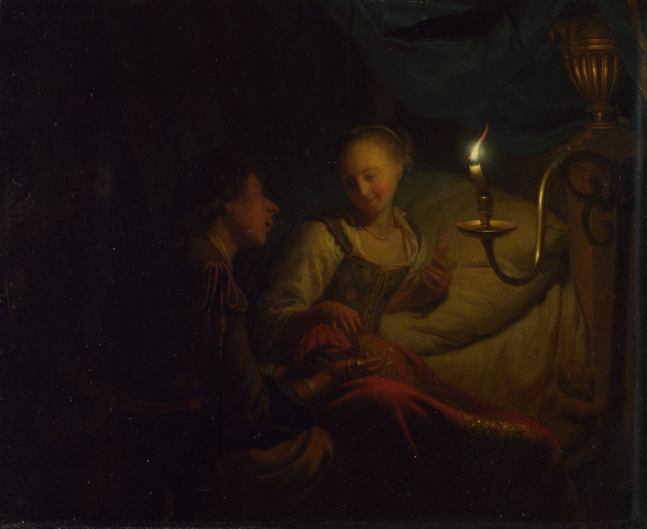 En scene med levende lys. En mand, der tilbyder en guldkæde og mønter til en pige, der sidder på en seng, ca. 1665-1667 af Godfried Cornelisz Schalcken