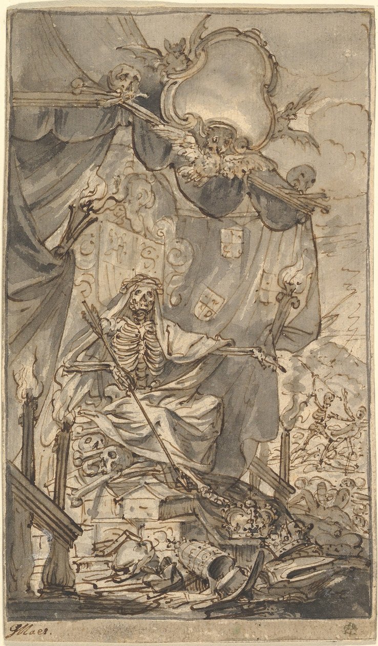 Death on a Canopied Throne Design til en titelside, slutningen af det 17. århundrede. af Godfried Maes
