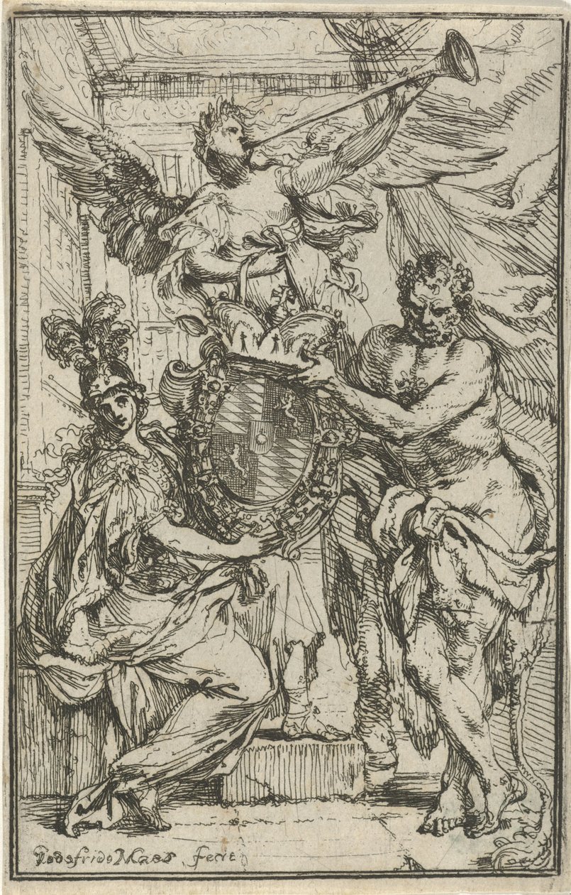 Minerva, Hercules og Fame med våbenskjold af Godfried Maes