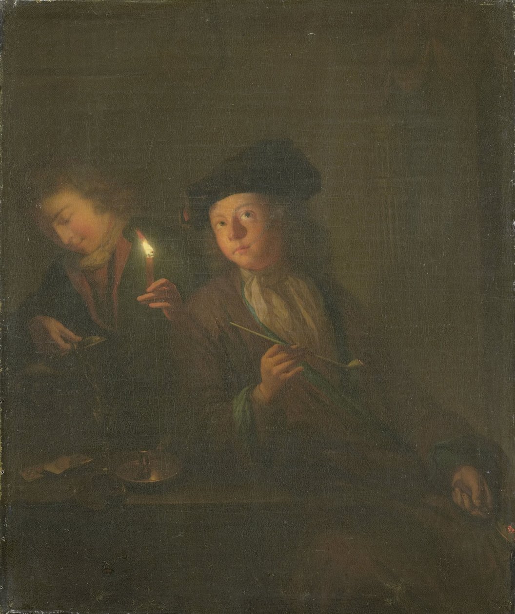 The Smoker (En mand med en pibe og en mand der hælder en drik i et glas) af Godfried Schalcken (attributed to)