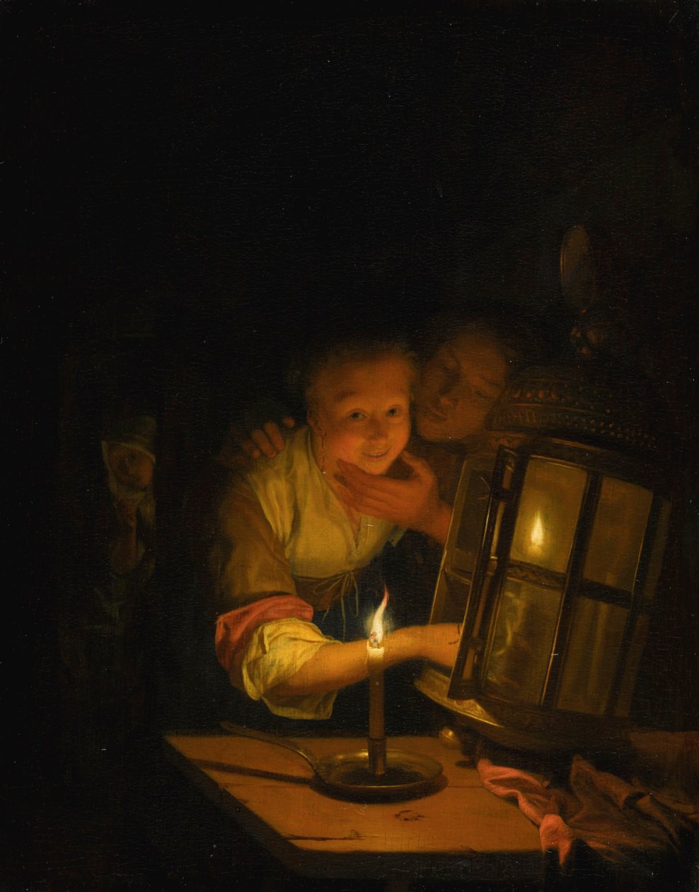 Et forelsket par fanget i færd med at tænde en lanterne af Godfried Schalcken
