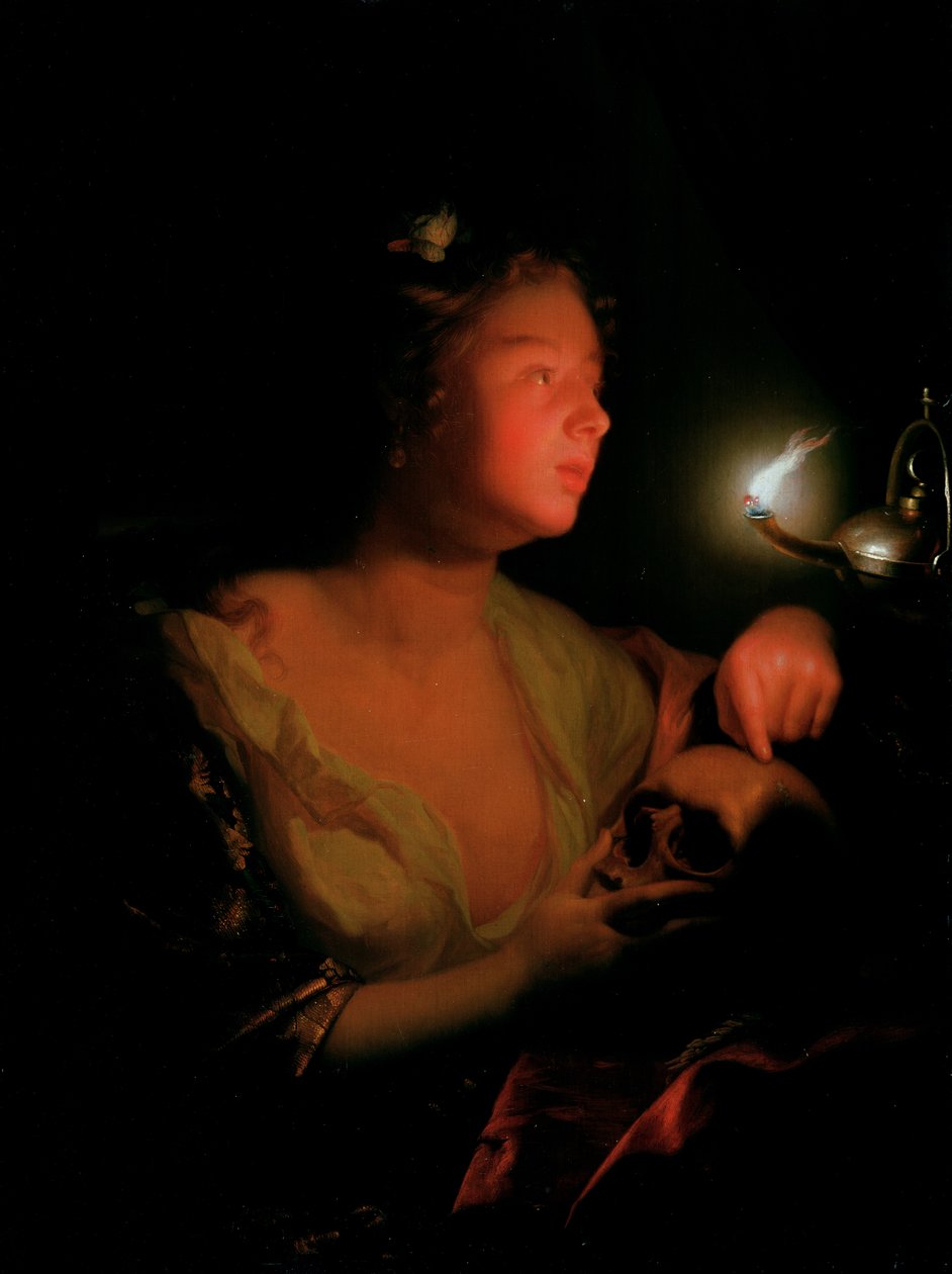 Mary Magdalene Grieving (olie på egetræspanel) af Godfried Schalcken
