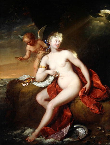 Nyfødt Venus passet af Amor (olie på lærred) af Godfried Schalcken