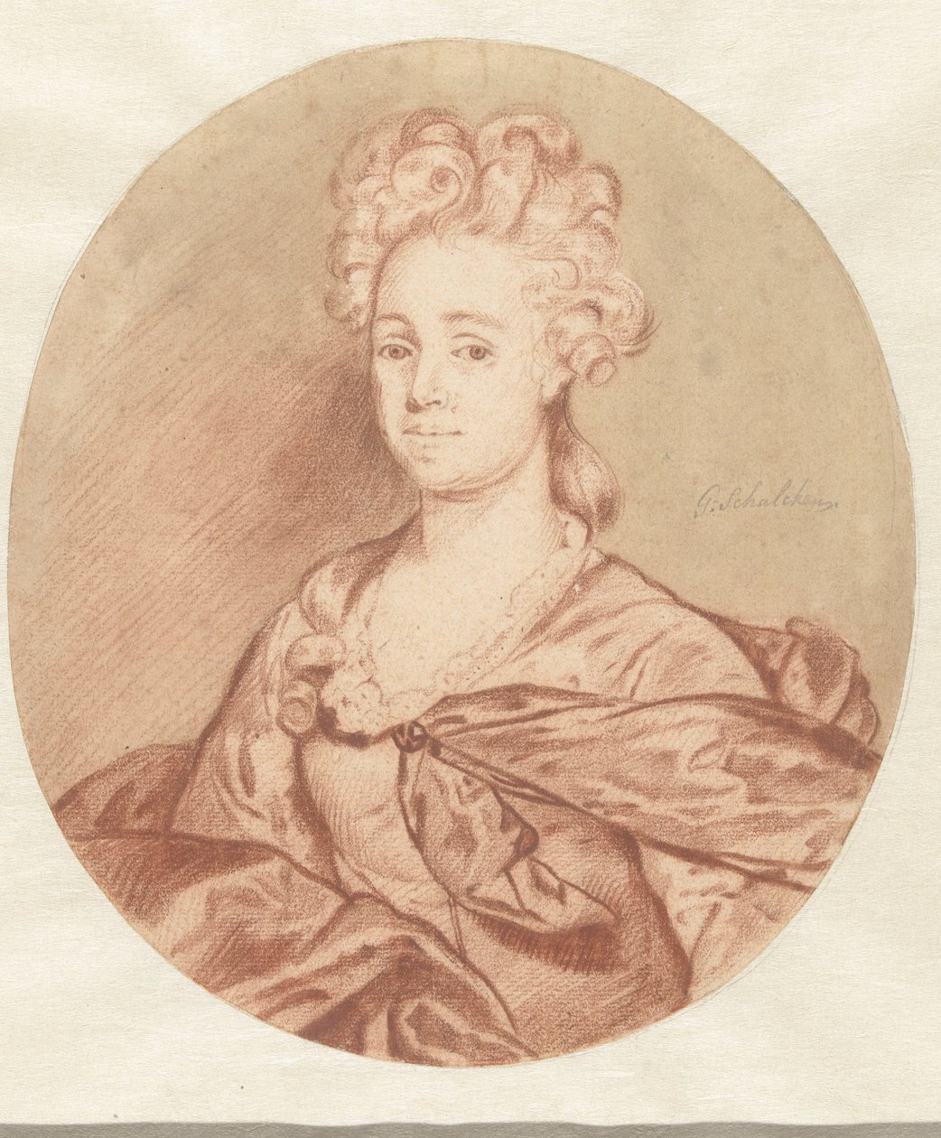 Portræt af en ukendt kvinde, i oval af Godfried Schalcken