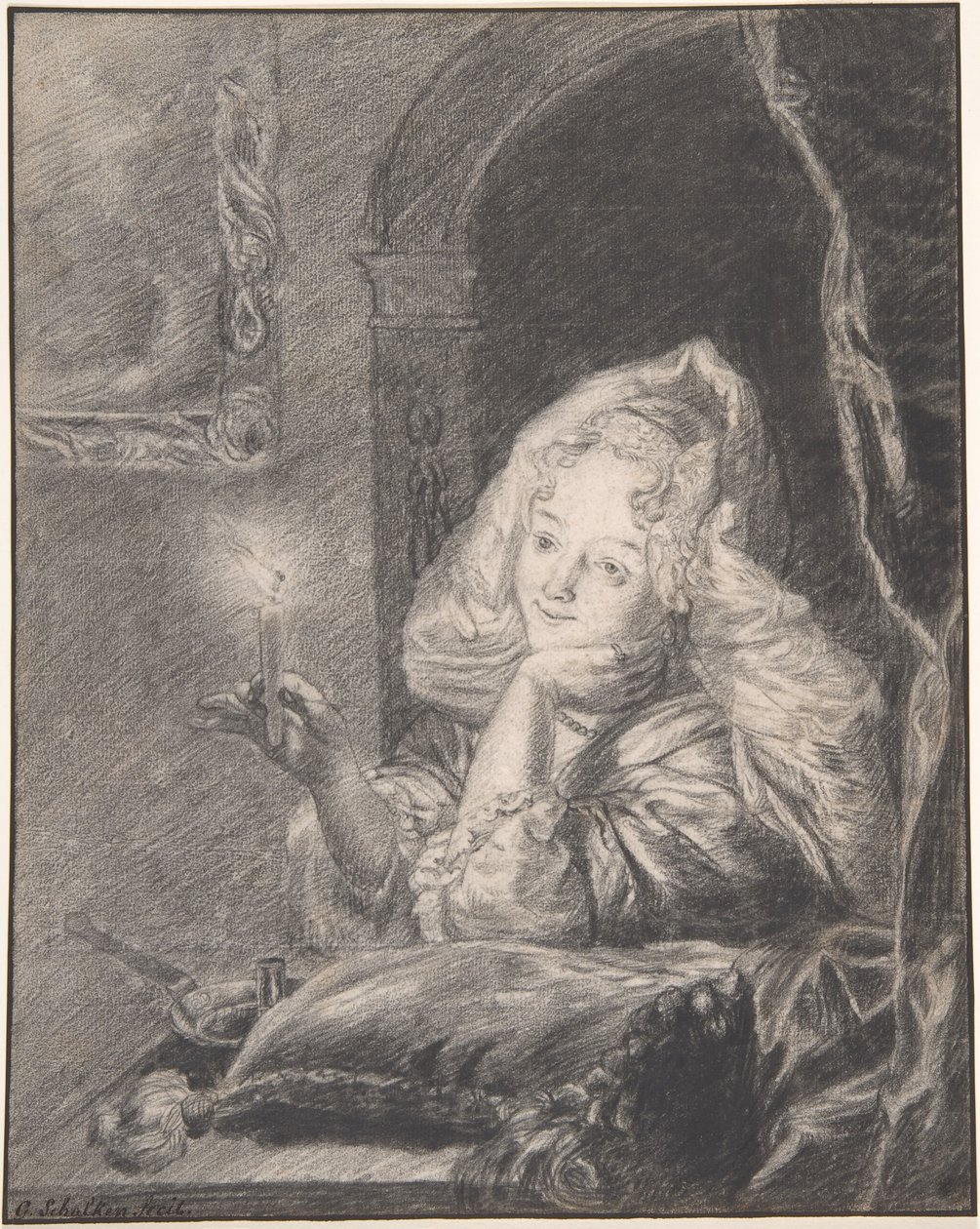 Ung kvinde siddende ved et bord med et lys i hånden af Godfried Schalcken
