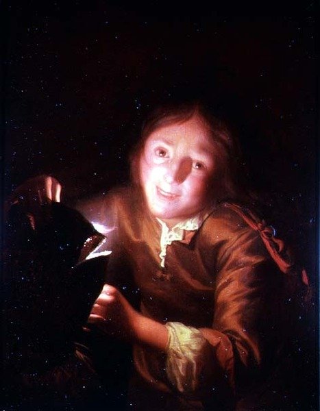 En ung dreng holder et stearinlys bag en Halloween-maske af Godfried Schalcken