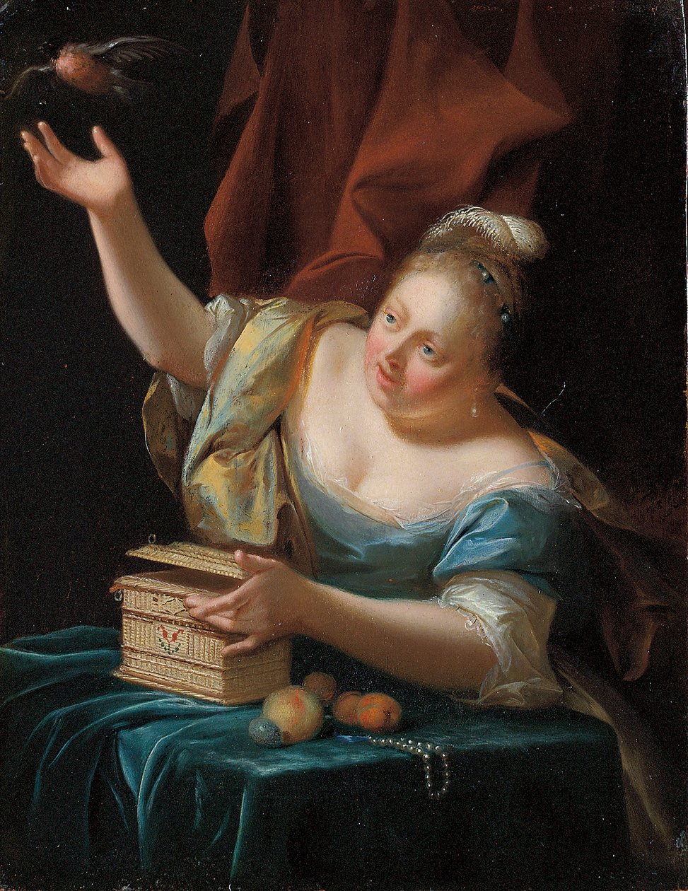 En kvinde, der sidder ved et bord i fancy kostume, befrier en sangfugl fra sit bur af Godfried Schalcken