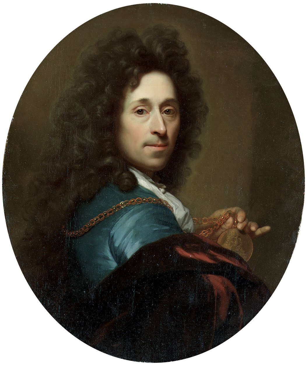 Portræt af kunstneren i en blå frakke og brun fløjlskap, med en medaljon af kurfyrsten Pfalz, Johann Wilhelm af Godfried Schalcken