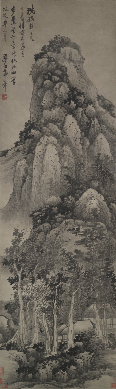 A Lofty Pavillion, Hanging Scroll, ca. 1683 (blæk på papir) af Gong Xian