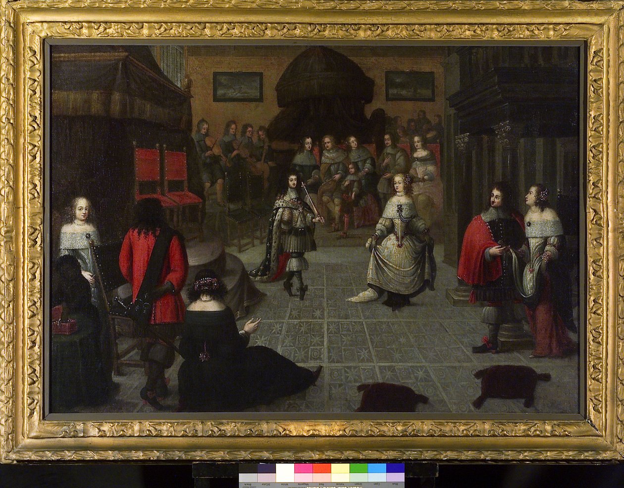 Karl II af England (1630-1685) danser i Haag (Holland), maj 1660, sandsynligvis med sin niece Elizabeth van de Paltz (1616-1680), til ceremonien, der blev afholdt for at genoprette hans titel som konge af England af Gonzales Coques