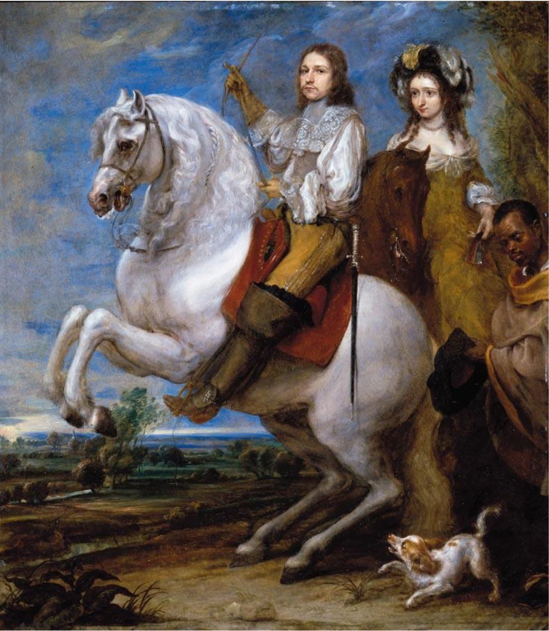Rytterportræt af et elegant par med deres blackmoor-tjener af Gonzales Coques