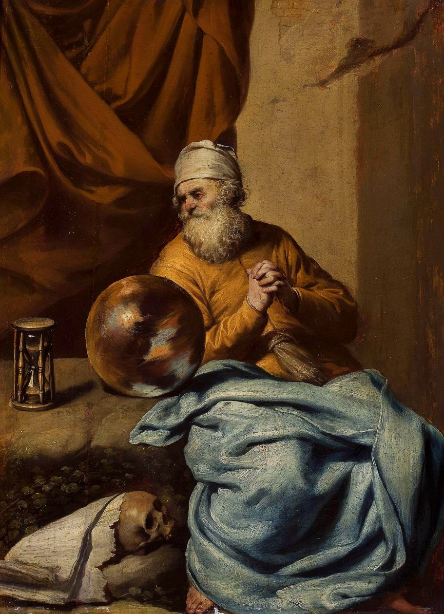 Gammel mand med en kugle, et timeglas, et kranium og bøger (Vanitas) af Gonzales Coques