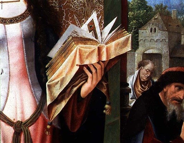 St. Catherine and the Philosphers, detalje i bønnebogen (olie på panel) (detalje af 80755) af Goossen van der Weyden