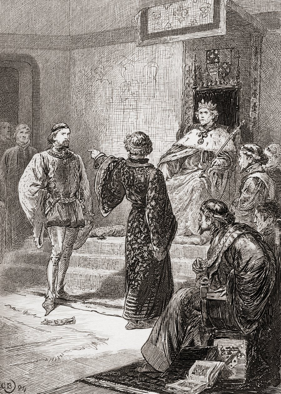 En scene fra William Shakespeares King Richard II, Act 1, Scene 1, Bolingbroke: Pale trembling coward, there I throw my gage, fra The Works of William Shakespeare, udgivet 1896 af Gordon Frederick Browne