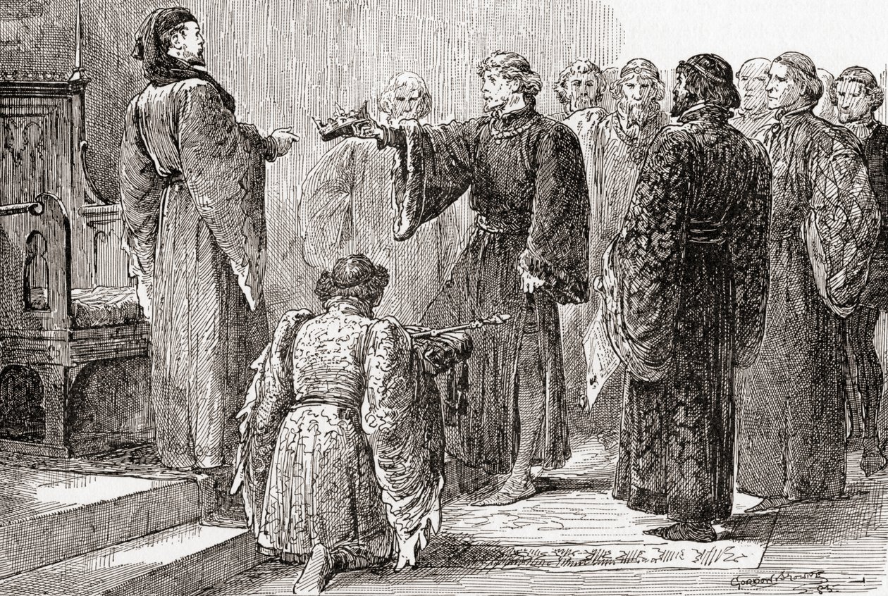 En scene fra William Shakespeares King Richard II, Act IV, Scene 1, King Richard: Her, fætter, gribe kronen, fra The Works of William Shakespeare, udgivet 1896 af Gordon Frederick Browne