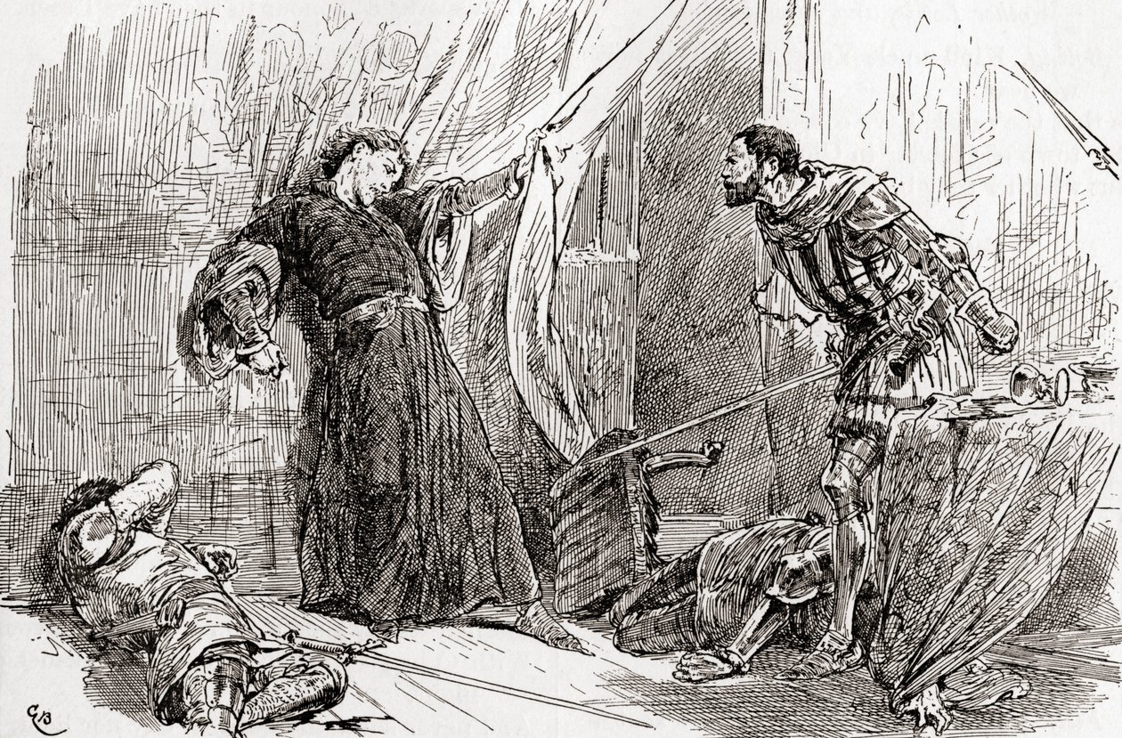 En scene fra William Shakespeares King Richard II, Act V, Scene 5, King Richard: Exton, thy fierce hand hash with the kings blood stain kings own land, fra The Works of William Shakespeare, publ. af Gordon Frederick Browne