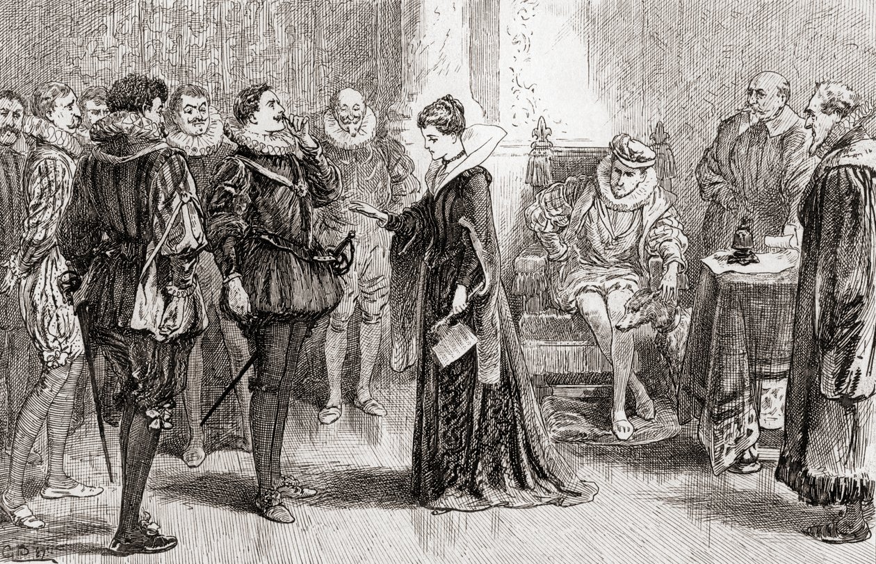 En scene fra William Shakespeares skuespil Alls Well That Ends Well, Act II, Scene 3, Helena to Bertram: This is the man, fra The Works of William Shakespeare, udgivet 1896 af Gordon Frederick Browne
