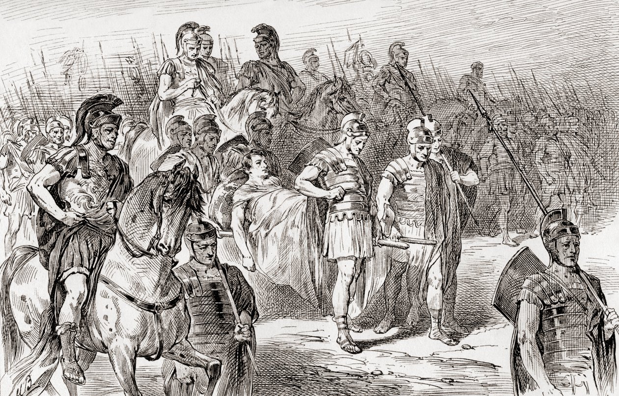 En scene fra William Shakespeares skuespil Antony og Cleopatra, 3. Akt, Scene 1, Ventidius: Bear the kings sons body before our army, fra The Works of William Shakespeare, udgivet 1896 af Gordon Frederick Browne