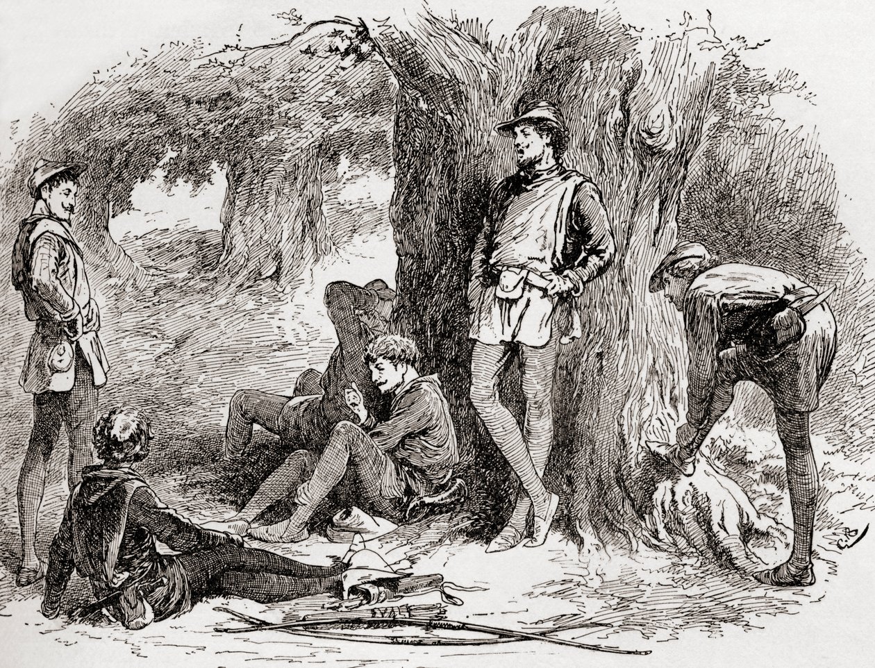 En scene fra William Shakespeares spiller As You Like It, Act II, Scene 5, Amiens: Under the greenwood tree who loves to liggende with me, and turn his lystige note to the sweet birds throat. Kom her, com af Gordon Frederick Browne