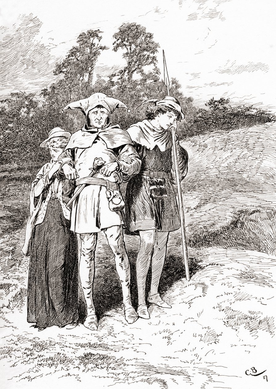 En scene fra William Shakespeares spiller As You Like It. Akt II, Scene IV, Touchstone: Ay, now am I in Arden, the more fool I, fra The Works of William Shakespeare, udgivet 1896 af Gordon Frederick Browne