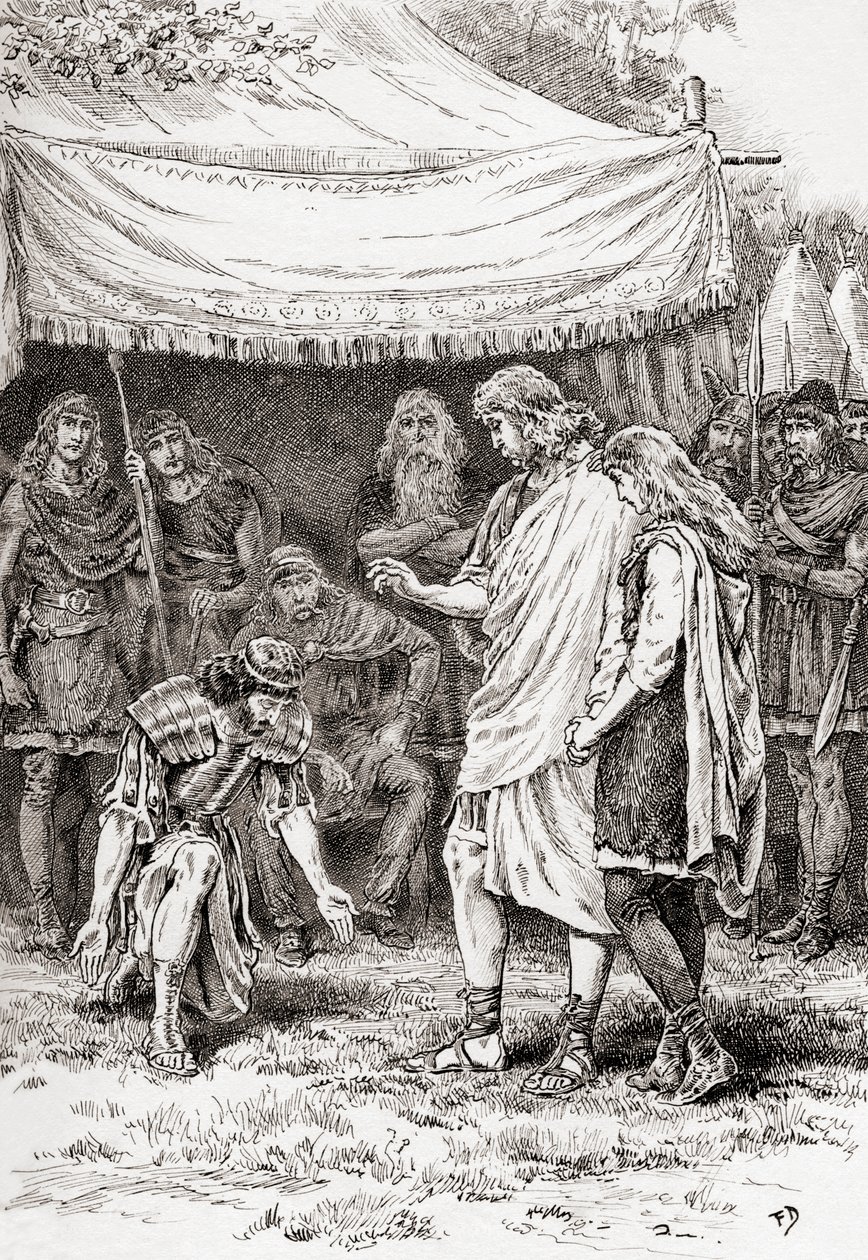 En scene fra William Shakespeares skuespil Cymbeline, Act V, Scene 5, Posthumus Leonatus: Kneel not to me. Den magt, jeg har på dig, er at skåne dig, fra The Works of William Shakespeare, udgivet 18 af Gordon Frederick Browne