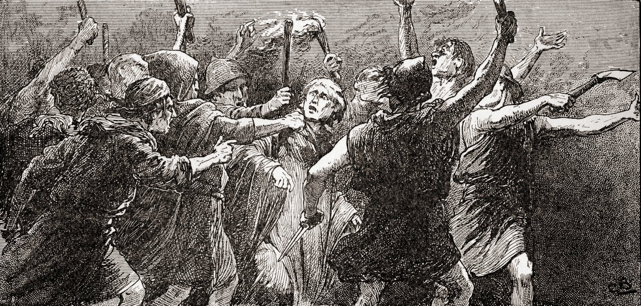 En scene fra William Shakespeares skuespil Julius Cæsar, Act III, Scene 3, Third citizen: Tear him, tear him, fra The Works of William Shakespeare, udgivet 1896 af Gordon Frederick Browne