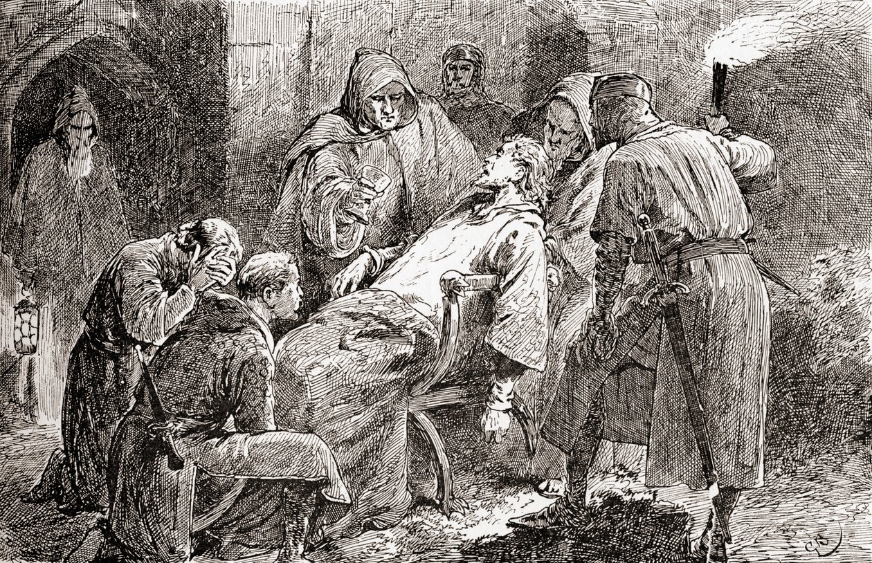 En scene fra William Shakespeares skuespil King John, Act V, Scene 7, King John: Poisoned, ill fare, dead, forsook, cast off, fra The Works of William Shakespeare, udgivet 1896 af Gordon Frederick Browne