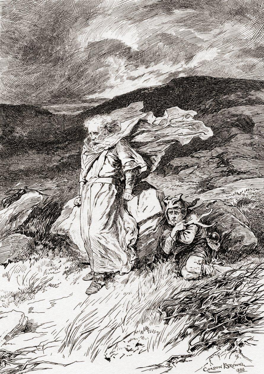 En scene fra William Shakespeares skuespil King Lear, Act III, Scene 2, Lear: Nej, jeg vil være mønsteret for al tålmodighed, jeg vil ikke sige noget, fra The Works of William Shakespeare, udgivet 1896 (gravering) af Gordon Frederick Browne
