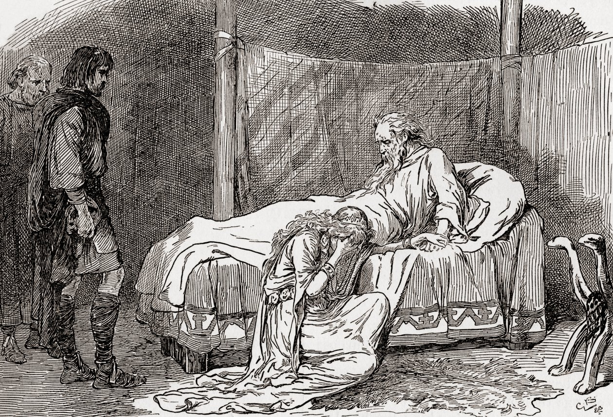 En scene fra William Shakespeares skuespil Kong Lear, akt IV, scene 7, Lear: I pray, weep not. Hvis du har gift til mig, vil jeg drikke det. Jeg ved, du ikke elsker mig, for det har dine søstre, som jeg husker af Gordon Frederick Browne