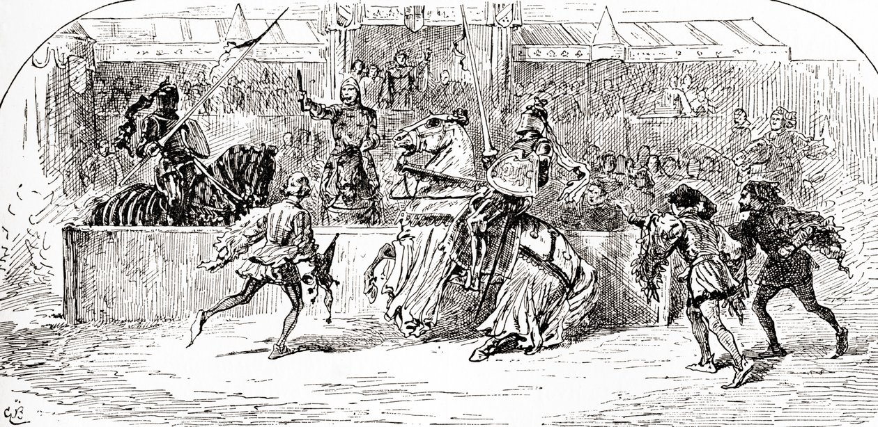 En scene fra William Shakespeares skuespil King Richard II, Act 1, Scene 3, Mar: Stay, stay, the king hash thrown his warder down, fra The Works of William Shakespeare, udgivet 1896 af Gordon Frederick Browne