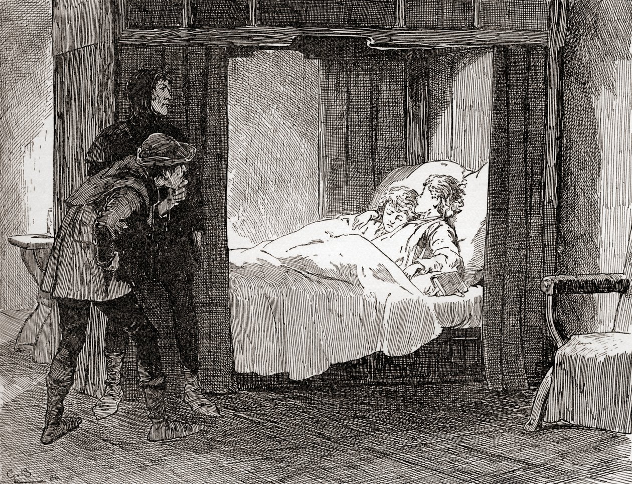En scene fra William Shakespeares spiller King Richard III, Act IV, Scene 3, Tyrrell: O thus, quoth Dighton, lay thy gentle babes - Således, således, quoth Forrest, omgjorde hinanden i deres alabaster af Gordon Frederick Browne