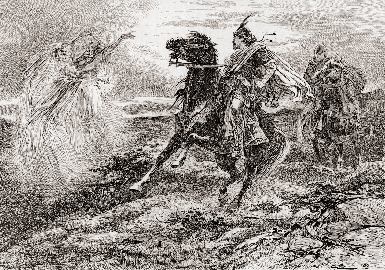 En scene fra William Shakespeares skuespil Macbeth, Act I, Scene 3, First Witch: Alle hils, Macbeth! hils dig, end Glamis, fra The Works of William Shakespeare, udgivet 1896 af Gordon Frederick Browne