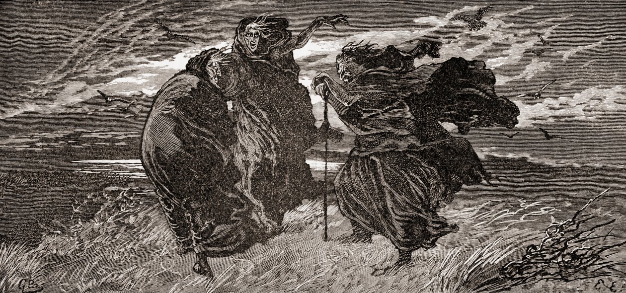 En scene fra William Shakespeares skuespil Macbeth, Første akt, scene I, Første heks: Hvornår skal vi tre mødes igen, i torden, lyn eller regn, fra The Works of William Shakespeare, udgivet 1896 ( af Gordon Frederick Browne