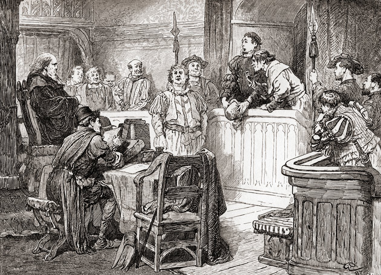 En scene fra William Shakespeares skuespil Measure for Measure, Act II, Scene 1, Pompey Bum: Ser din ære nogen skade i hans ansigt?, fra The Works of William Shakespeare, udgivet 1896 af Gordon Frederick Browne
