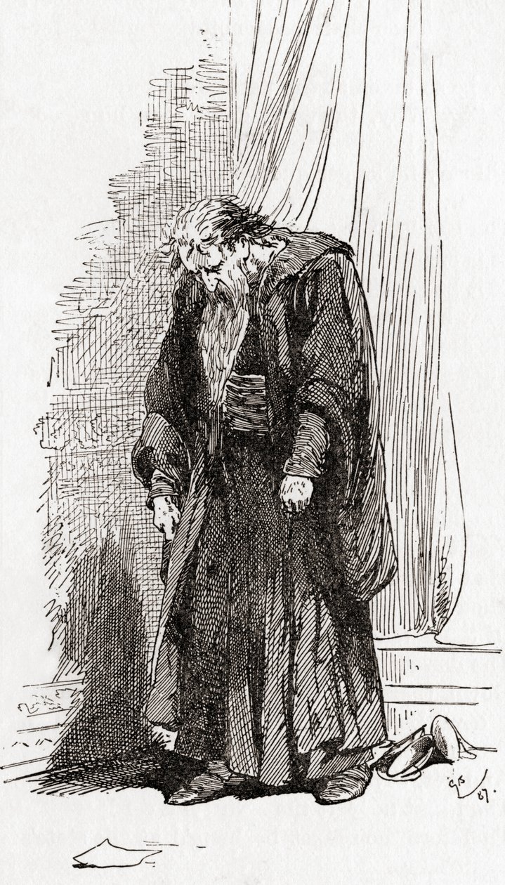En scene fra William Shakespeares skuespil Merchant of Venice, Act IV, Scene 1, Shylock: I pray you, give me leave to go herfra. Jeg har det ikke godt, fra The Works of William Shakespeare, udgivet 1896 (f af Gordon Frederick Browne
